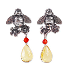 Load image into Gallery viewer, Bee-Themed Amber Dangle Earrings from Mexico - Golden Bees | NOVICA