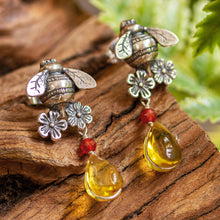 Load image into Gallery viewer, Bee-Themed Amber Dangle Earrings from Mexico - Golden Bees | NOVICA
