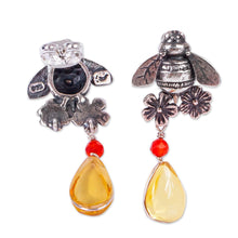 Load image into Gallery viewer, Bee-Themed Amber Dangle Earrings from Mexico - Golden Bees | NOVICA