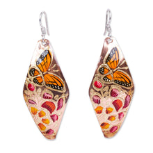 Load image into Gallery viewer, Hand Painted Copper Butterfly Dangle Earrings from Mexico - Butterflies and Petunias | NOVICA