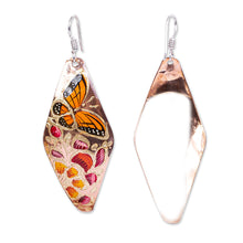 Load image into Gallery viewer, Hand Painted Copper Butterfly Dangle Earrings from Mexico - Butterflies and Petunias | NOVICA