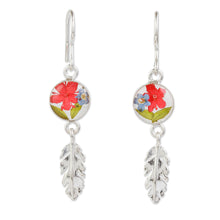 Load image into Gallery viewer, Sterling Silver and Dried Flower Dangle Earrings from Mexico - Anahuac Red | NOVICA