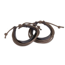 Load image into Gallery viewer, Men's Black Leather and Brown Cotton Bracelets (Pair) - Bold Brown Contrast | NOVICA