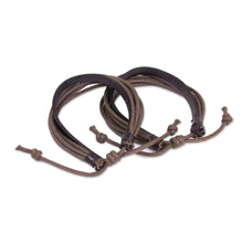 Load image into Gallery viewer, Men's Black Leather and Brown Cotton Bracelets (Pair) - Bold Brown Contrast | NOVICA
