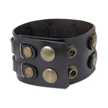 Load image into Gallery viewer, Black Leather Wristband Bracelet for Men Artisan Jewelry - Rugged Weave in Black | NOVICA