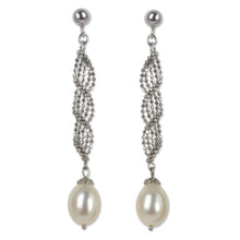 Load image into Gallery viewer, Artisan Designed Sterling Silver Dangle Earrings with Pearls - Modern Macrame | NOVICA