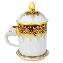 Load image into Gallery viewer, Benjarong White Elephant Coffee Mug and Lid with Gold Paint - Thai Iyara | NOVICA