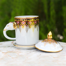 Load image into Gallery viewer, Benjarong White Elephant Coffee Mug and Lid with Gold Paint - Thai Iyara | NOVICA