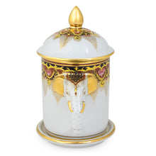 Load image into Gallery viewer, Benjarong White Elephant Coffee Mug and Lid with Gold Paint - Thai Iyara | NOVICA