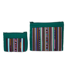 Load image into Gallery viewer, Thai Hill Tribe Applique on 2 Cotton Blend Cosmetic Bags - Exotic Lisu in Green | NOVICA