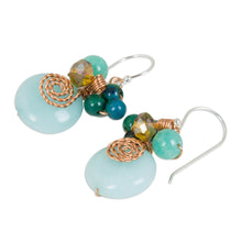 Load image into Gallery viewer, Serpentine Quartz and Glass Bead Dangle Earrings with Copper - Moonlight Garden in Aqua | NOVICA