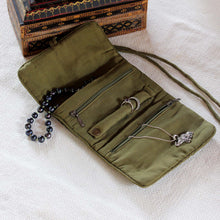 Load image into Gallery viewer, Hand Woven Silk and Rayon Blend Thai Jewelry Roll in Olive - Enchanted Journey in Olive | NOVICA