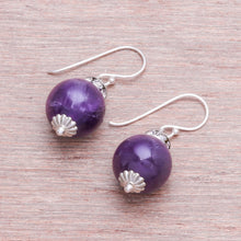 Load image into Gallery viewer, Amethyst and 925 Silver Dangle Earrings from Thailand - Perfect Orbs | NOVICA