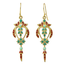 Load image into Gallery viewer, Gold Plated Brass Earrings in Green and Red from Thailand - Proud Beauty in Red | NOVICA