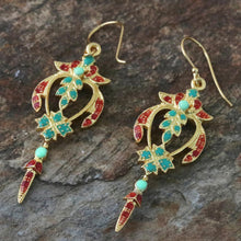 Load image into Gallery viewer, Gold Plated Brass Earrings in Green and Red from Thailand - Proud Beauty in Red | NOVICA
