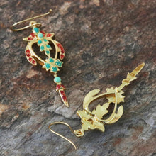 Load image into Gallery viewer, Gold Plated Brass Earrings in Green and Red from Thailand - Proud Beauty in Red | NOVICA