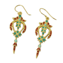 Load image into Gallery viewer, Gold Plated Brass Earrings in Green and Red from Thailand - Proud Beauty in Red | NOVICA