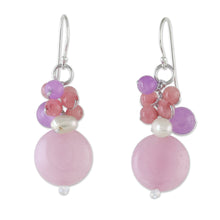 Load image into Gallery viewer, Handmade Purple and Pink Quartz and Pearl Cluster Earrings - Sweet Thai Joy | NOVICA