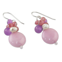 Load image into Gallery viewer, Handmade Purple and Pink Quartz and Pearl Cluster Earrings - Sweet Thai Joy | NOVICA