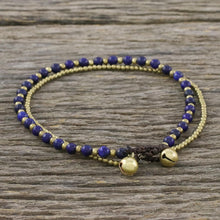 Load image into Gallery viewer, Lapis Lazuli and Brass Beaded Anklet from Thailand - Ringing Beauty | NOVICA