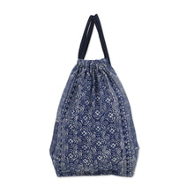 Load image into Gallery viewer, Indigo Batik Cotton Arc and Flower Motif Drawstring Backpack - Garden Paths | NOVICA