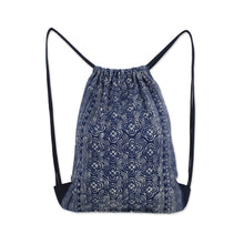 Load image into Gallery viewer, Indigo Batik Cotton Arc and Flower Motif Drawstring Backpack - Garden Paths | NOVICA