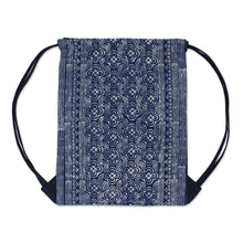 Load image into Gallery viewer, Indigo Batik Cotton Arc and Flower Motif Drawstring Backpack - Garden Paths | NOVICA