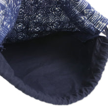 Load image into Gallery viewer, Indigo Batik Cotton Arc and Flower Motif Drawstring Backpack - Garden Paths | NOVICA