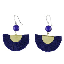 Load image into Gallery viewer, Quartz and Brass Bead Dangle Earrings with Cotton Fringe - Festival in Ultramarine | NOVICA