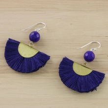 Load image into Gallery viewer, Quartz and Brass Bead Dangle Earrings with Cotton Fringe - Festival in Ultramarine | NOVICA