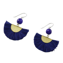 Load image into Gallery viewer, Quartz and Brass Bead Dangle Earrings with Cotton Fringe - Festival in Ultramarine | NOVICA