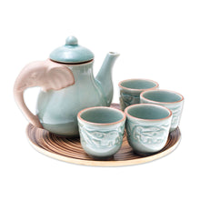 Load image into Gallery viewer, Elephant-Themed Celadon Ceramic Tea Set (6 Piece) - Elephant Gathering | NOVICA