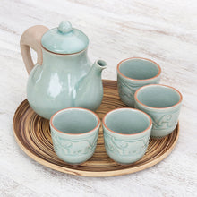 Load image into Gallery viewer, Elephant-Themed Celadon Ceramic Tea Set (6 Piece) - Elephant Gathering | NOVICA