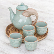 Load image into Gallery viewer, Elephant-Themed Celadon Ceramic Tea Set (6 Piece) - Elephant Gathering | NOVICA
