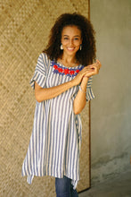 Load image into Gallery viewer, Floral Embroidered Striped Cotton Long Length Tunic - Sky Flora | NOVICA