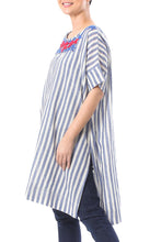 Load image into Gallery viewer, Floral Embroidered Striped Cotton Long Length Tunic - Sky Flora | NOVICA