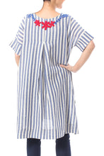Load image into Gallery viewer, Floral Embroidered Striped Cotton Long Length Tunic - Sky Flora | NOVICA