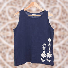 Load image into Gallery viewer, Cool Crinkle Cotton Tank Top in Navy - Flirty Bloom in Navy | NOVICA