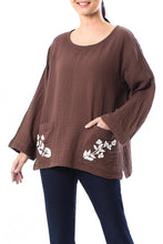 Load image into Gallery viewer, Floral Embroidered Cotton Blouse in Chestnut from Thailand - Lovely Bloom in Chestnut | NOVICA