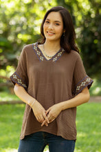 Load image into Gallery viewer, Embroidered Cotton Blouse in Mahogany from Thailand - Classic Diamonds | NOVICA