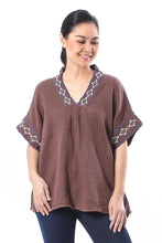 Load image into Gallery viewer, Embroidered Cotton Blouse in Mahogany from Thailand - Classic Diamonds | NOVICA