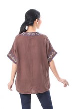 Load image into Gallery viewer, Embroidered Cotton Blouse in Mahogany from Thailand - Classic Diamonds | NOVICA