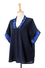 Load image into Gallery viewer, Floral Embroidered Cotton Blouse in Navy from Thailand - Classic Bloom in Navy | NOVICA