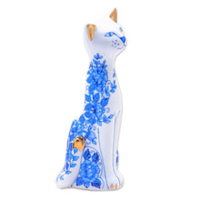 Load image into Gallery viewer, Floral Gilded Porcelain Cat Vase from Thailand - Regal Cat | NOVICA