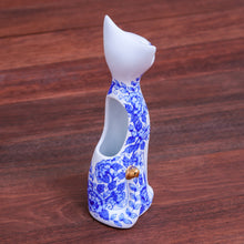 Load image into Gallery viewer, Floral Gilded Porcelain Cat Vase from Thailand - Regal Cat | NOVICA