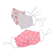 Load image into Gallery viewer, 3 Pink-White-Sepia Print Ear Loop Cotton Face Masks Set - Rosy Dots and Posies | NOVICA