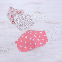 Load image into Gallery viewer, 3 Pink-White-Sepia Print Ear Loop Cotton Face Masks Set - Rosy Dots and Posies | NOVICA