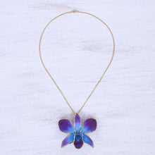 Load image into Gallery viewer, Gold-Plated Blue Orchid Petal Pendant Necklace and Brooch - Orchid Magic in Blue | NOVICA