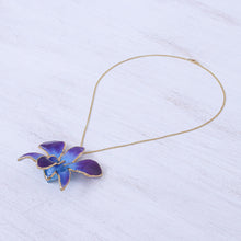 Load image into Gallery viewer, Gold-Plated Blue Orchid Petal Pendant Necklace and Brooch - Orchid Magic in Blue | NOVICA