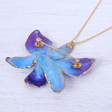 Load image into Gallery viewer, Gold-Plated Blue Orchid Petal Pendant Necklace and Brooch - Orchid Magic in Blue | NOVICA